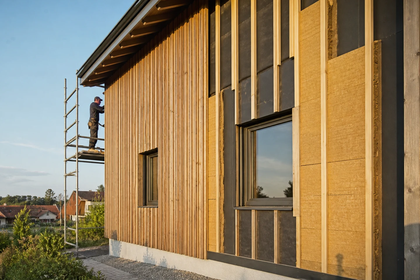 Ossature d’une ITE sous bardage ventilé Pose d’une ossature ventilée et d’un bardage bois devant l’isolant extérieur