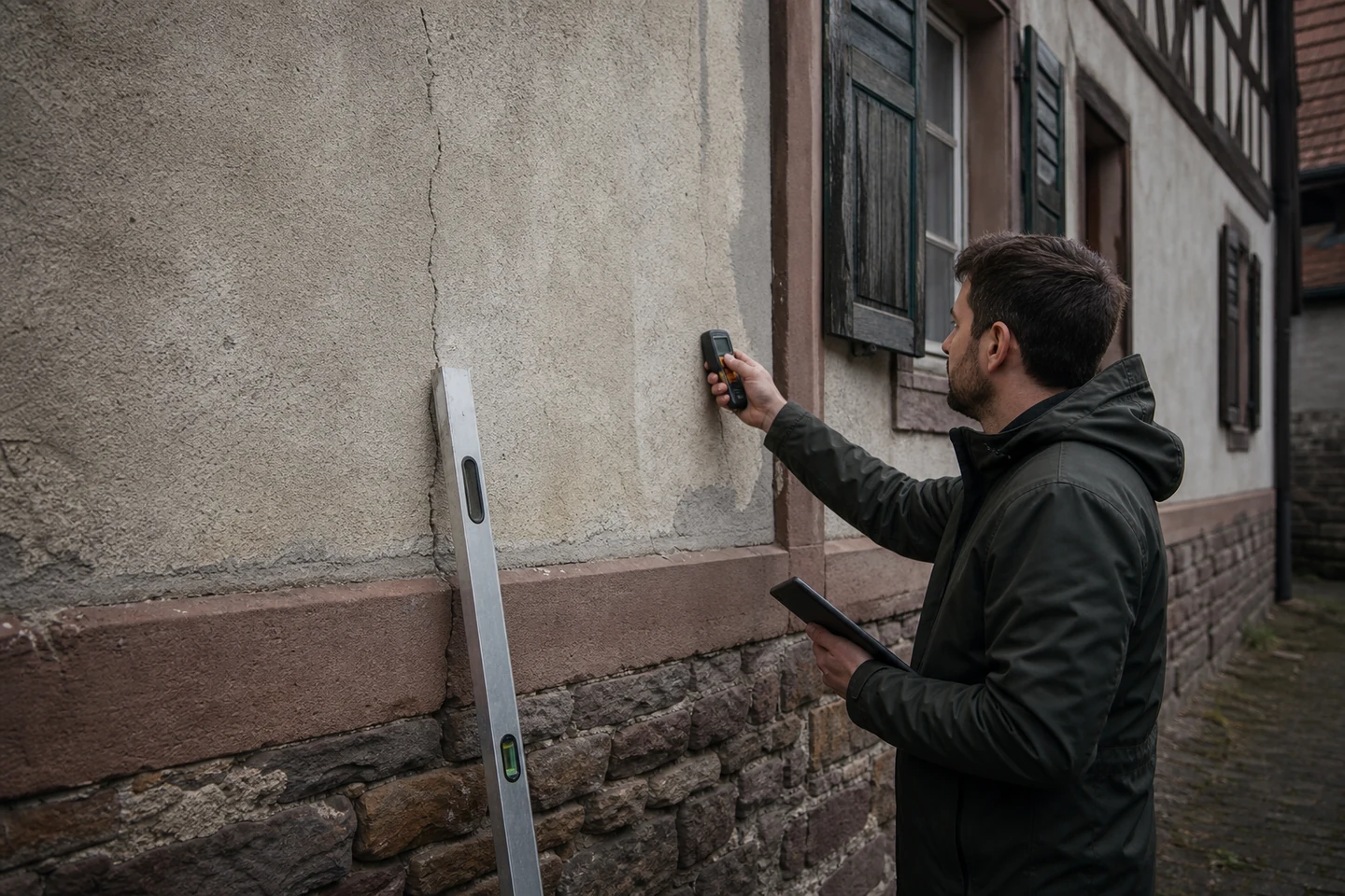 Diagnostic du support avant isolation extérieure Professionnel examinant l’humidité et les fissures d’une façade ancienne