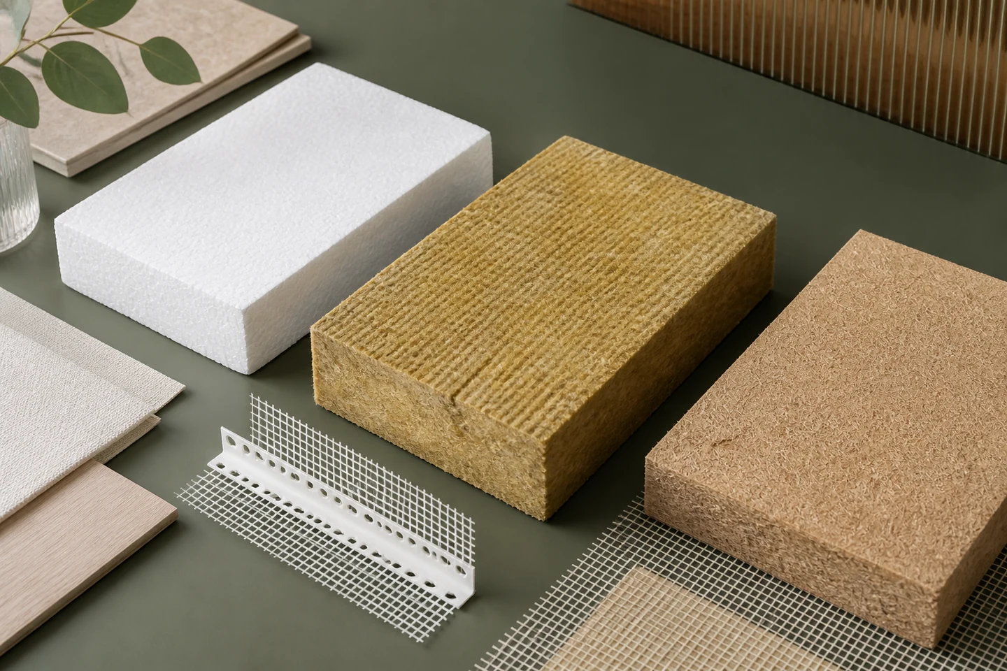Matériaux comparés pour une isolation de façade Échantillons de PSE, laine minérale, fibre de bois, treillis, enduit et bardage