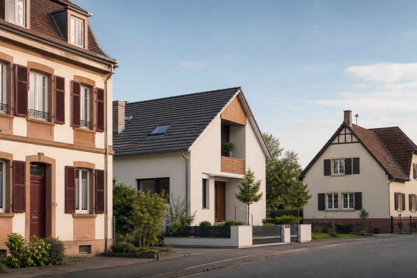 Façades et habitat du Bas-Rhin Rue du Bas-Rhin réunissant maison de ville, pavillon et habitat alsacien rénové